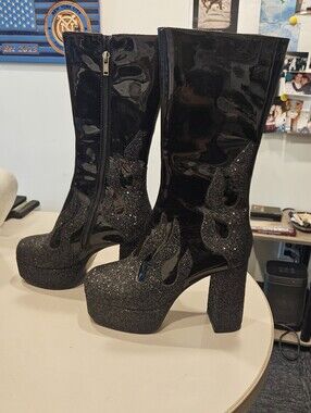 Dolls KILL Black Glitter Patent Platform Glitter Flame Boots